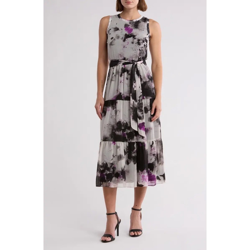 DKNY Womens Orchid Multi Abstract Print Studded Tiered Midi Dress DD4E647A Sz 6